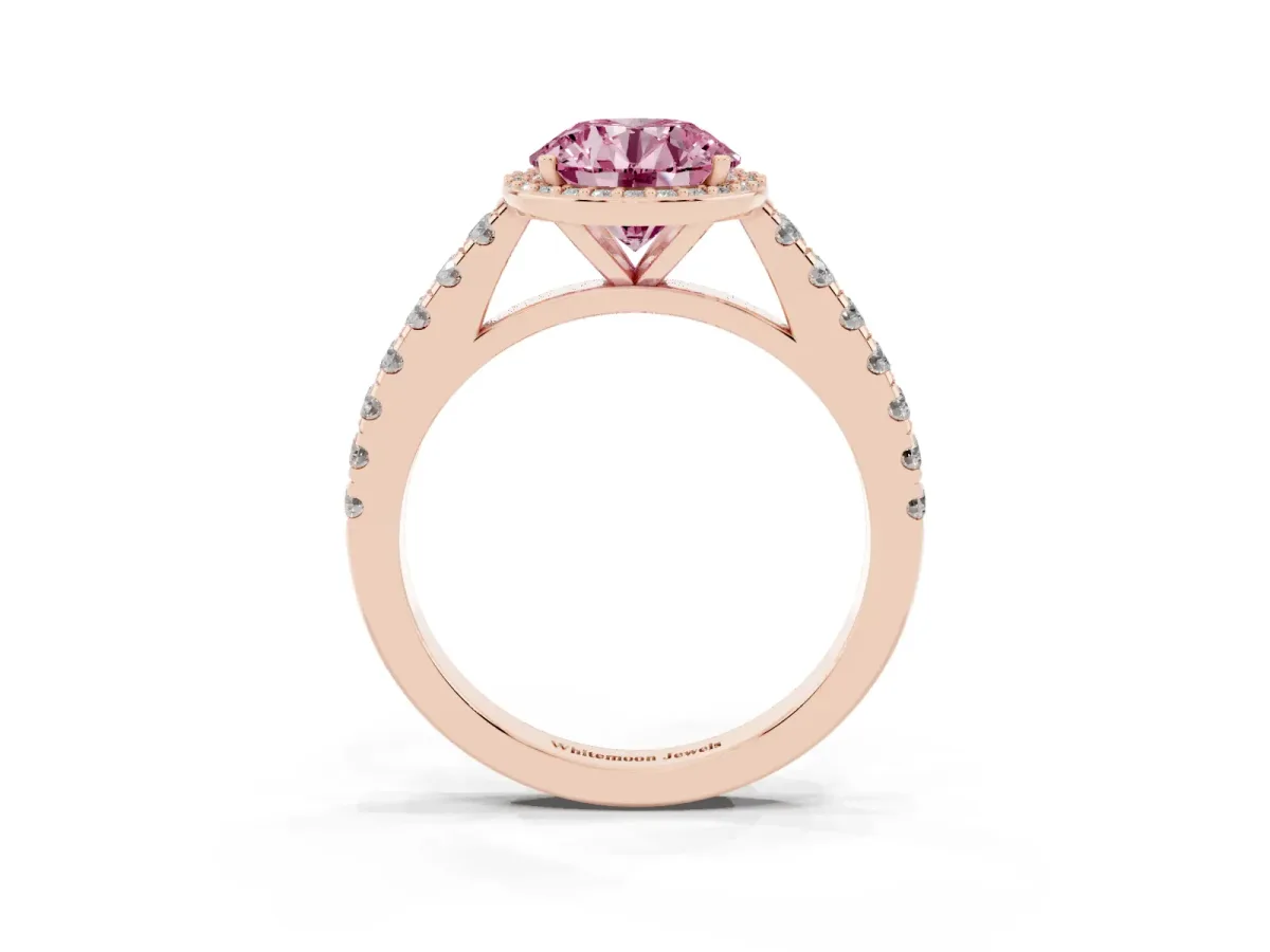 Fancy Pink Round Cut Cut Halo Diamond Engagement Ring with Pave Band and Four-Prong Setting Rose gold
