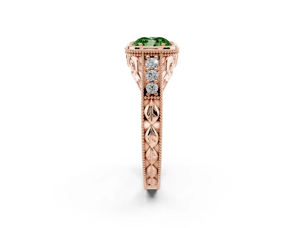 Fancy Green Bezel Set Cushion Cut Diamond Milgrain Pave Engagement Ring Rose gold