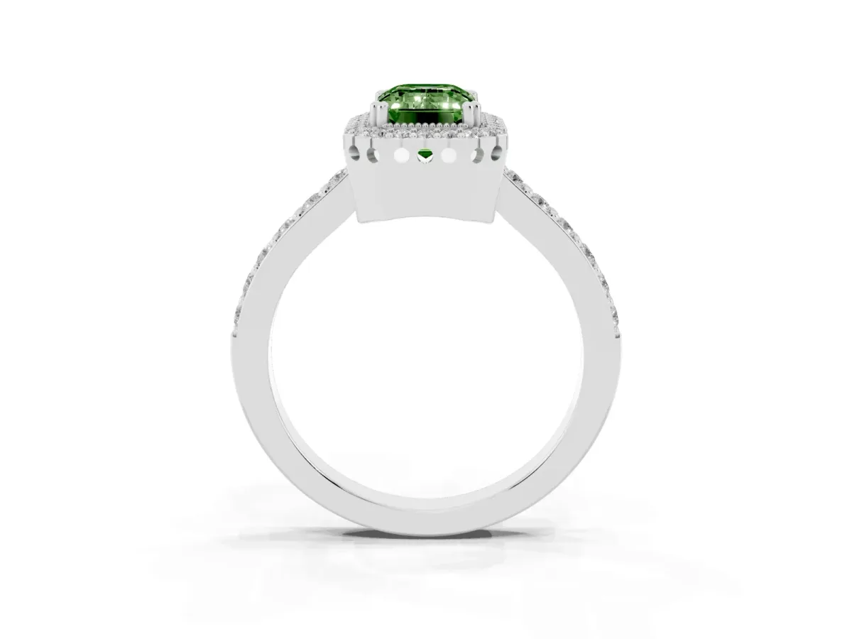 Fancy Green Emerald Cut Cut Diamond Halo Engagement Ring with Milgrain Detail and Pavé Band Silver