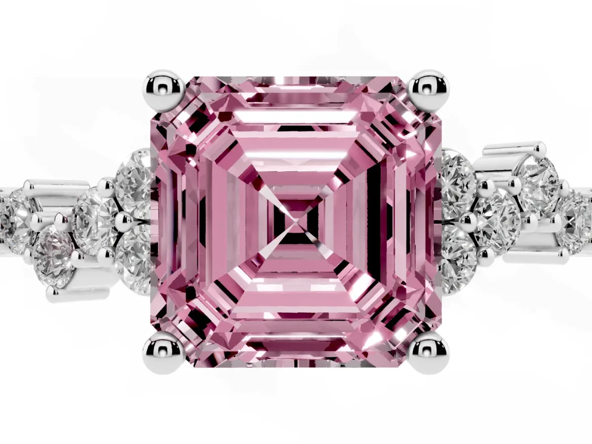 Fancy Pink Asscher Cut Diamond Scattered Round Accent Ring with Prong Setting White gold