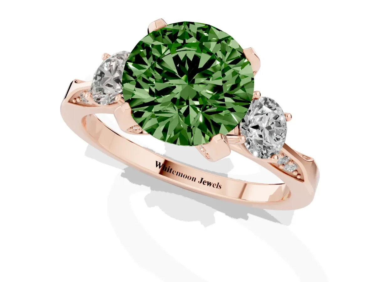 Fancy Green Round Cut Brilliant Three-Stone Diamond Ring with Pavé Band and Four-Prong Setting Rose gold