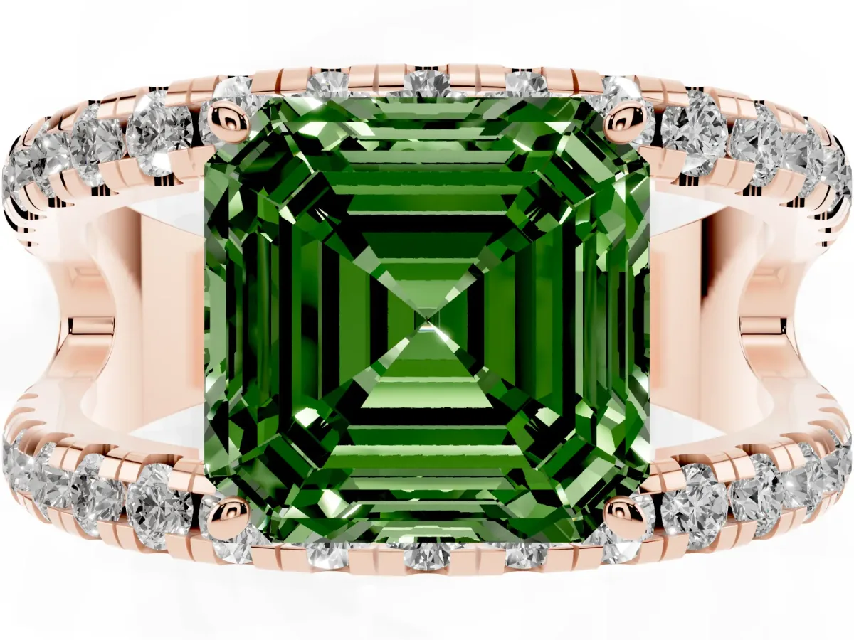 Fancy Green Asscher Cut Solitaire Split Shank Pave Diamond Ring Rose gold