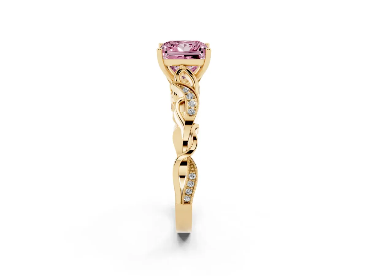 Fancy Pink Princess Cut Solitaire Vine Band with Milgrain Prong Setting Yellow gold