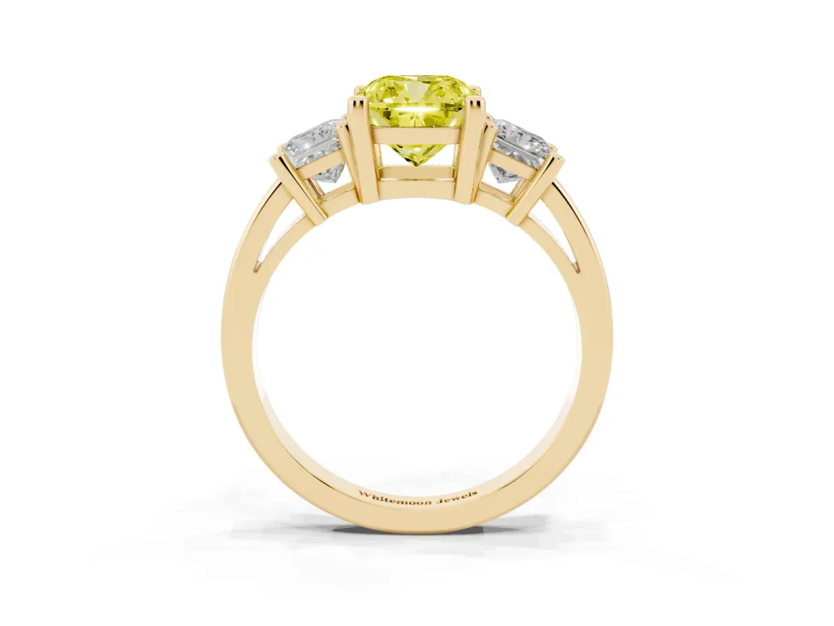 Fancy Yellow Three-Stone Cushion Cut Cut Solitaire Ring with Prong Setting Yellow gold