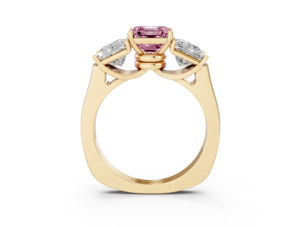 Fancy Pink Three-Stone Asscher Cut Brilliant Diamond Trellis Ring with Comfort Fit Band Yellow gold