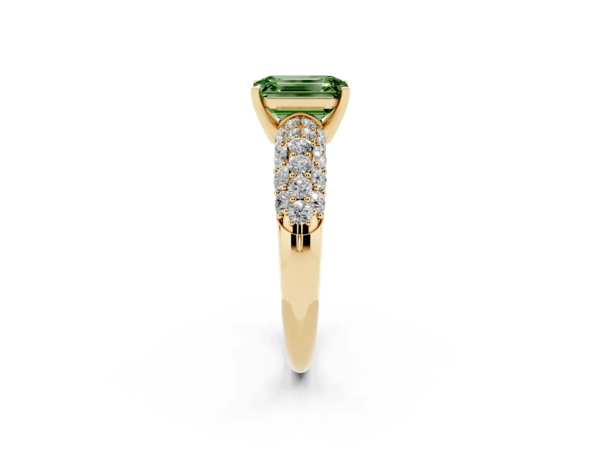 Fancy Green Emerald Cut Diamond Pavé Band Solitaire Ring with Four-Prong Setting Yellow gold