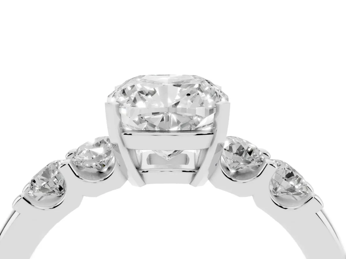 Cushion Cut Brilliant Cut Diamond Five-Stone Prong Set Engagement Ring with Channel Band Silver