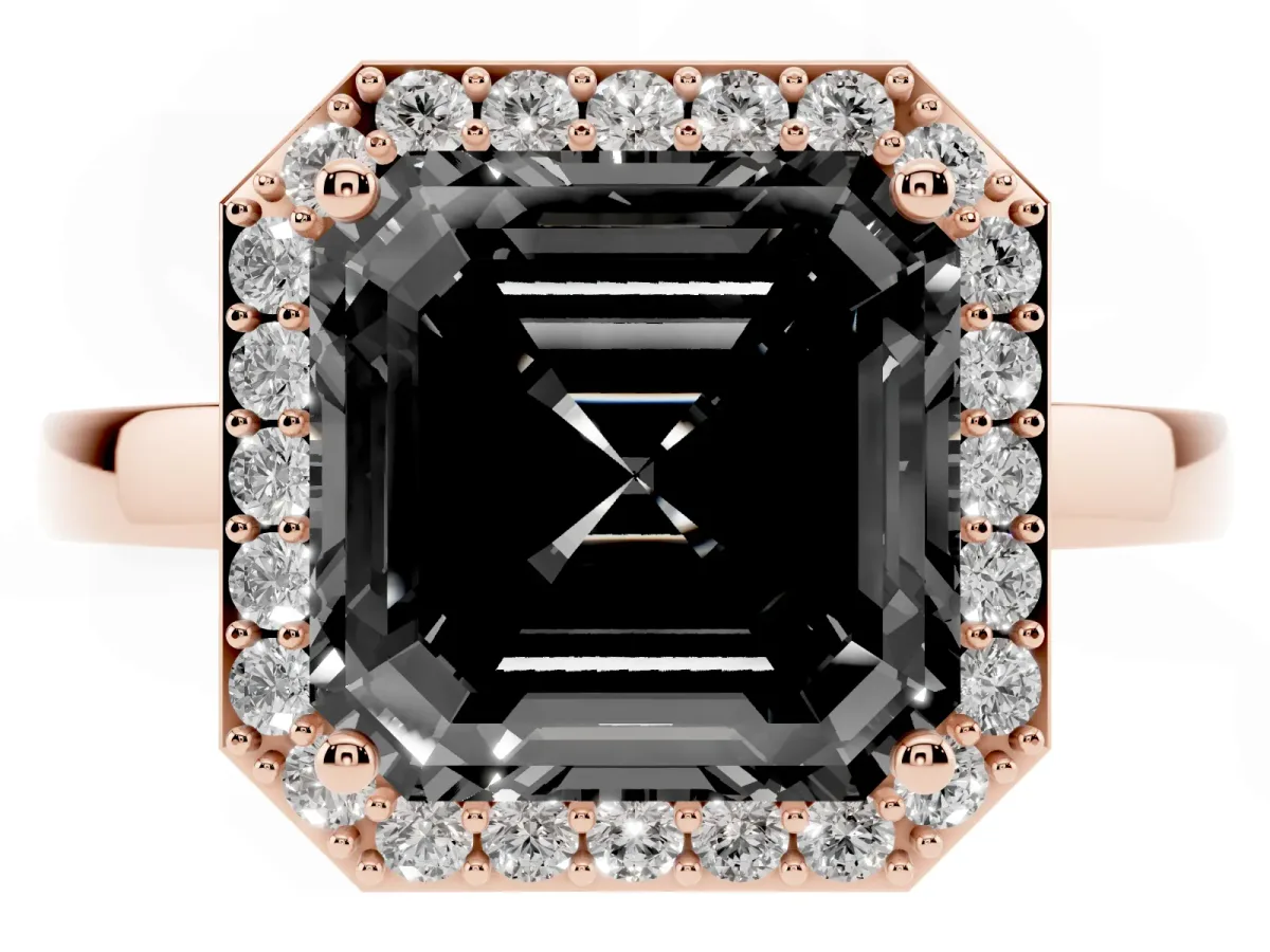 Fancy Black Asscher Cut Halo Diamond Ring with Solitaire Band and Prong Setting Rose gold