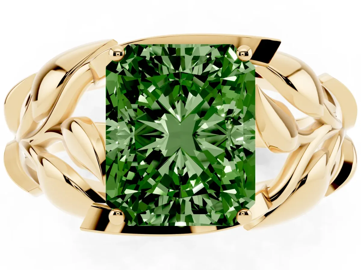Fancy Green Radiant Cut Diamond Leaf-Inspired Engagement Ring with Round Accents and Prong Setting Yellow gold