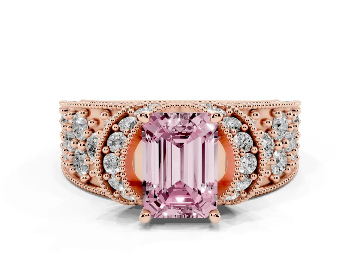 Fancy Pink Emerald Cut Halo Pave Diamond Engagement Ring with Milgrain Detailing Rose gold