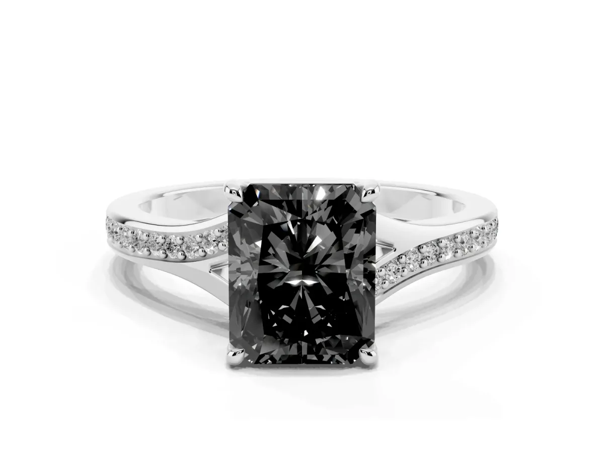Fancy Black Radiant Cut Diamond Solitaire Ring with Pavé Band and Prong Setting Silver