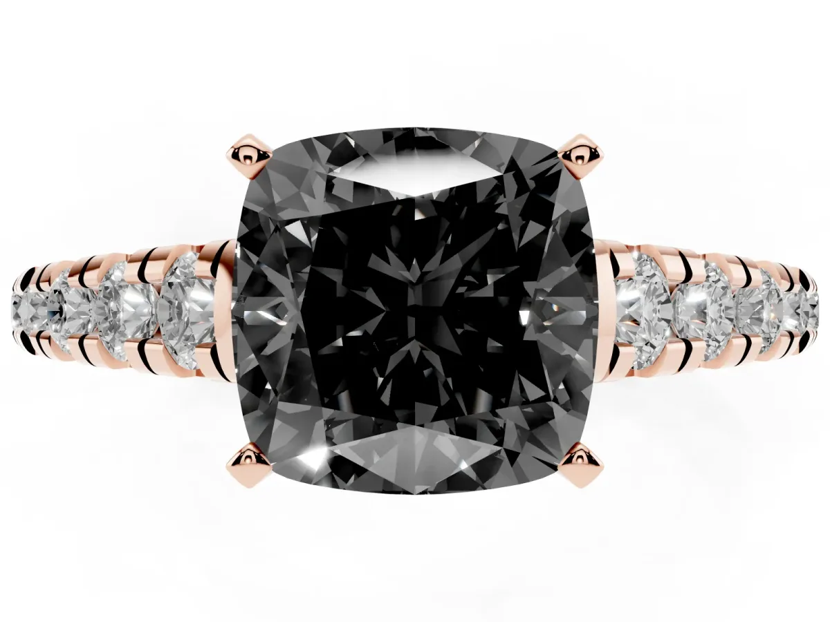 Fancy Black Cushion Cut Diamond Cathedral Solitaire Ring with Round Pavé Band Rose gold