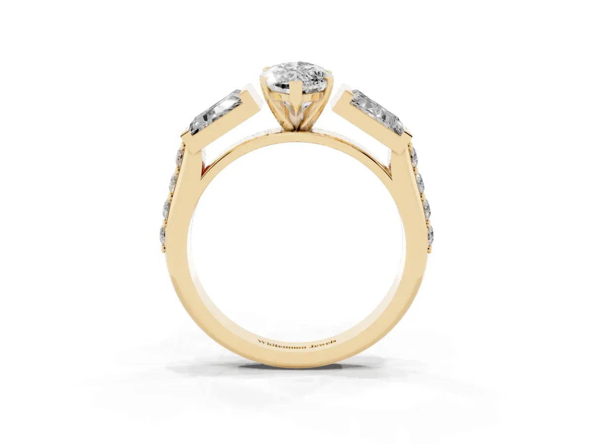 Marquise Cut Diamond Engagement Ring with Baguette Side Stones and Channel Set Band Yellow gold