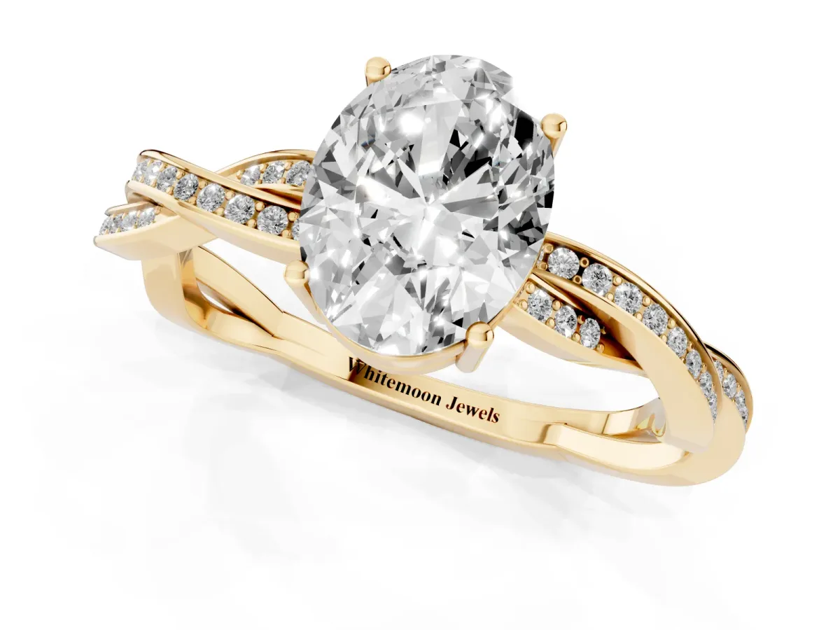 Oval Cut Solitaire Twisted Pave Diamond Ring with Four-Prong Setting Yellow gold