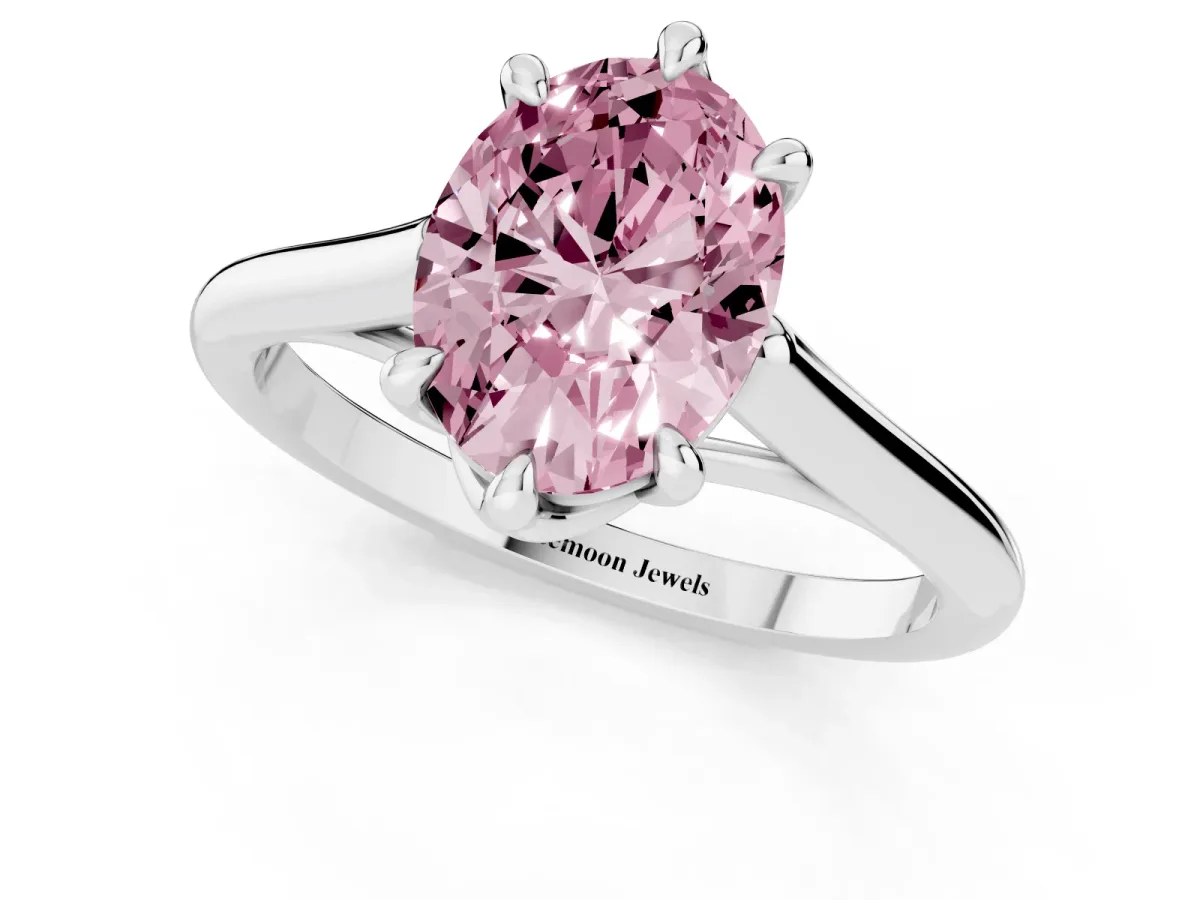 Fancy Pink Oval Cut Solitaire Engagement Ring with Six-Prong Setting and Classic Band Platinum
