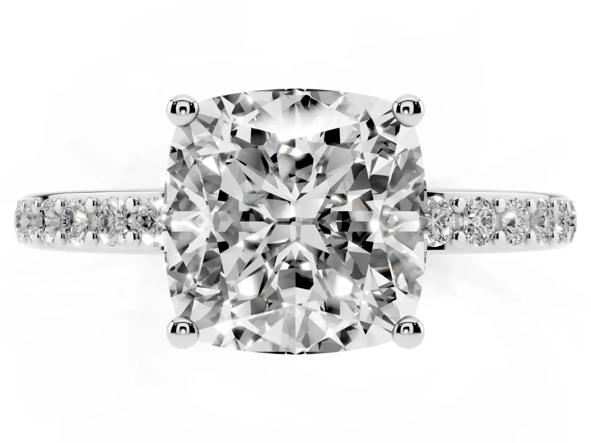 Cushion Cut Cut Diamond Pavé Band Ring with Four-Prong Setting Silver