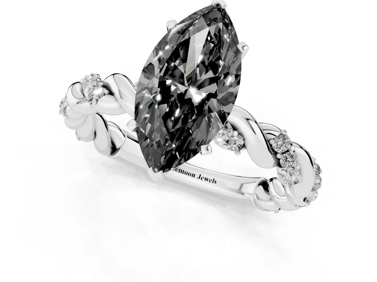 Fancy Black Marquise Cut Diamond Solitaire Ring with Twisted Band and Pavé Accents Silver