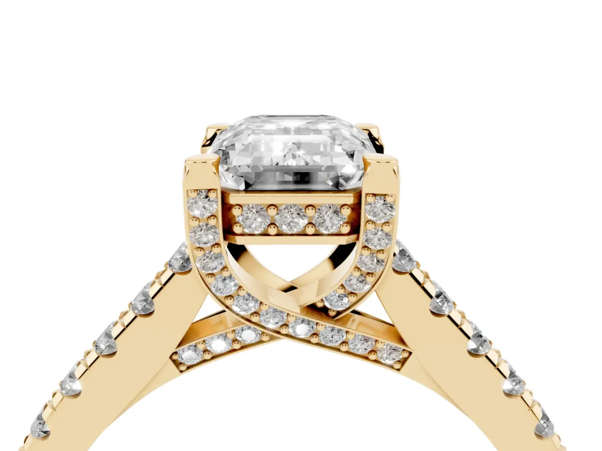 Emerald Cut Brilliant Diamond Solitaire with Pavé Band and Four-Prong Setting Yellow gold