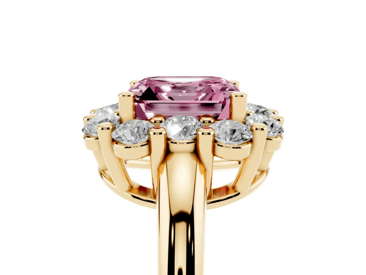 Fancy Pink Asscher Cut Halo Cluster Diamond Engagement Ring with Prong Setting and Polished Band Yellow gold