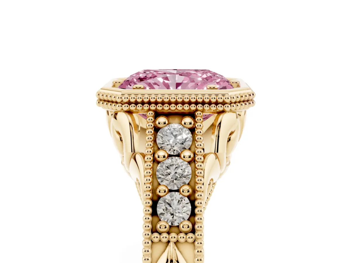 Fancy Pink Bezel Set Radiant Cut Diamond Milgrain Pave Engagement Ring Yellow gold