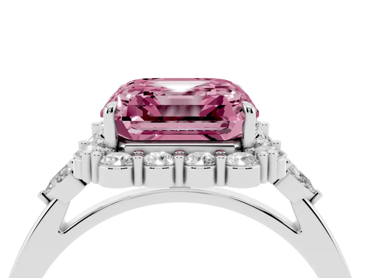 Fancy Pink Asscher Cut Diamond Halo Ring with Pear Side Stones and Prong Setting Silver