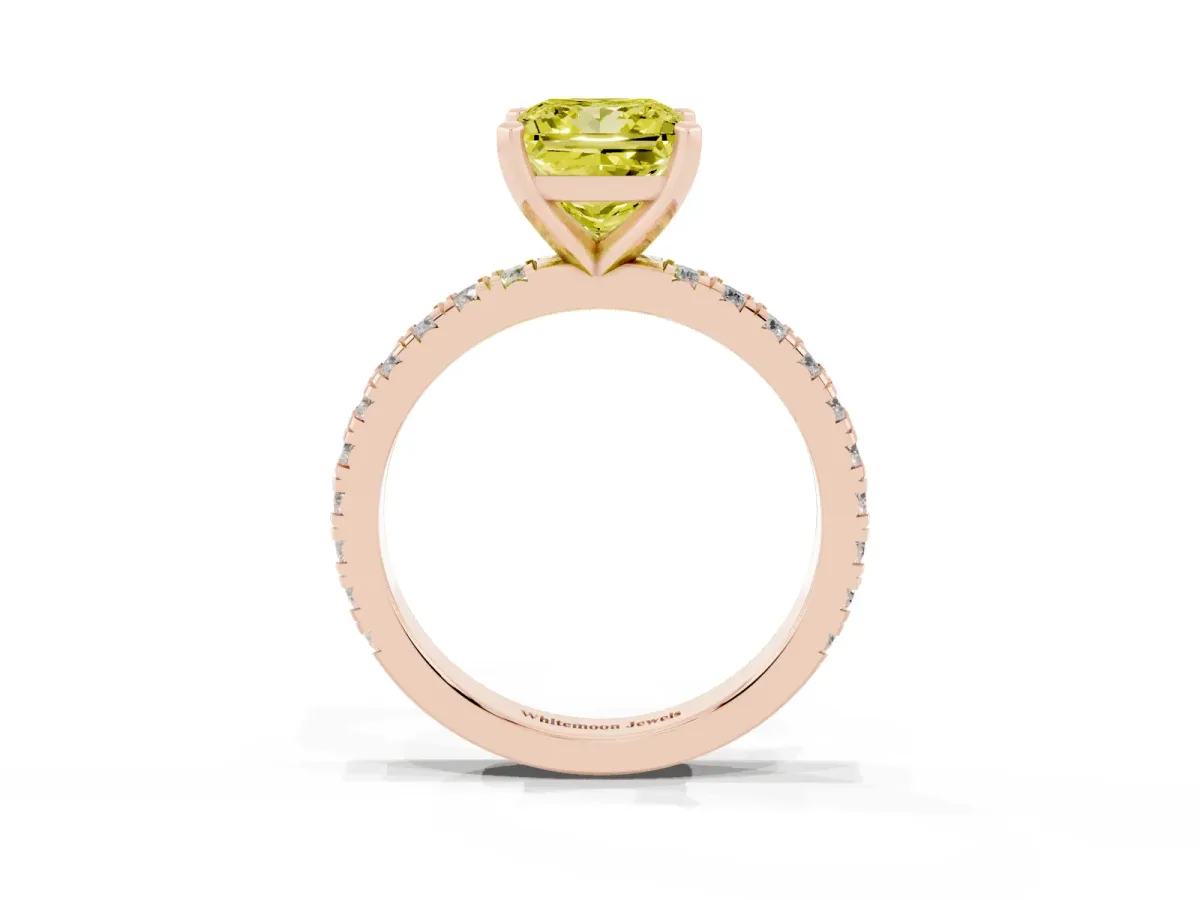 Fancy Yellow Princess Cut Diamond Pavé Band Solitaire with Four-Prong Setting Rose gold
