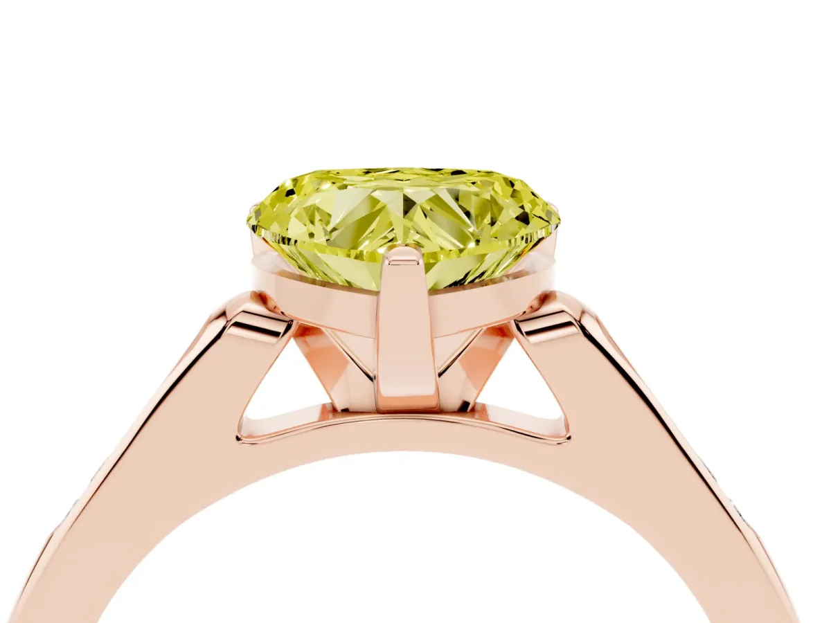 Fancy Yellow Heart Cut Diamond Solitaire Ring with Channel Set Round Band and Prong Setting Rose gold