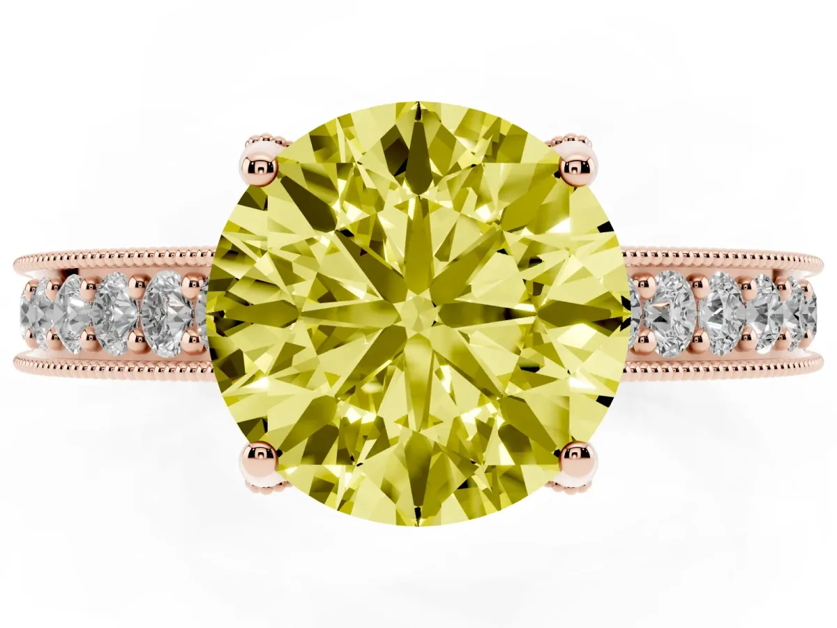 Fancy Yellow Round Cut Cut Diamond Solitaire Ring with Milgrain Pave Band and Four Prong Setting Rose gold