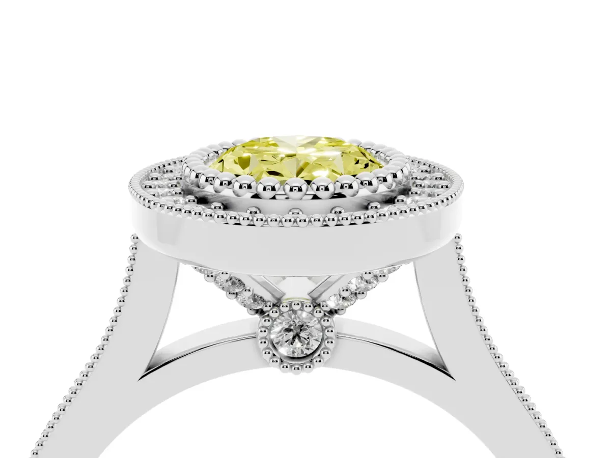 Fancy Yellow Oval Cut Diamond Halo Ring with Milgrain Frame and Pavé Band White gold