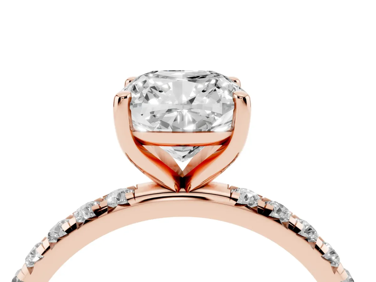 Cushion Cut Cut Diamond Solitaire Ring with Micro Pave Band and Four Prong Setting Rose gold