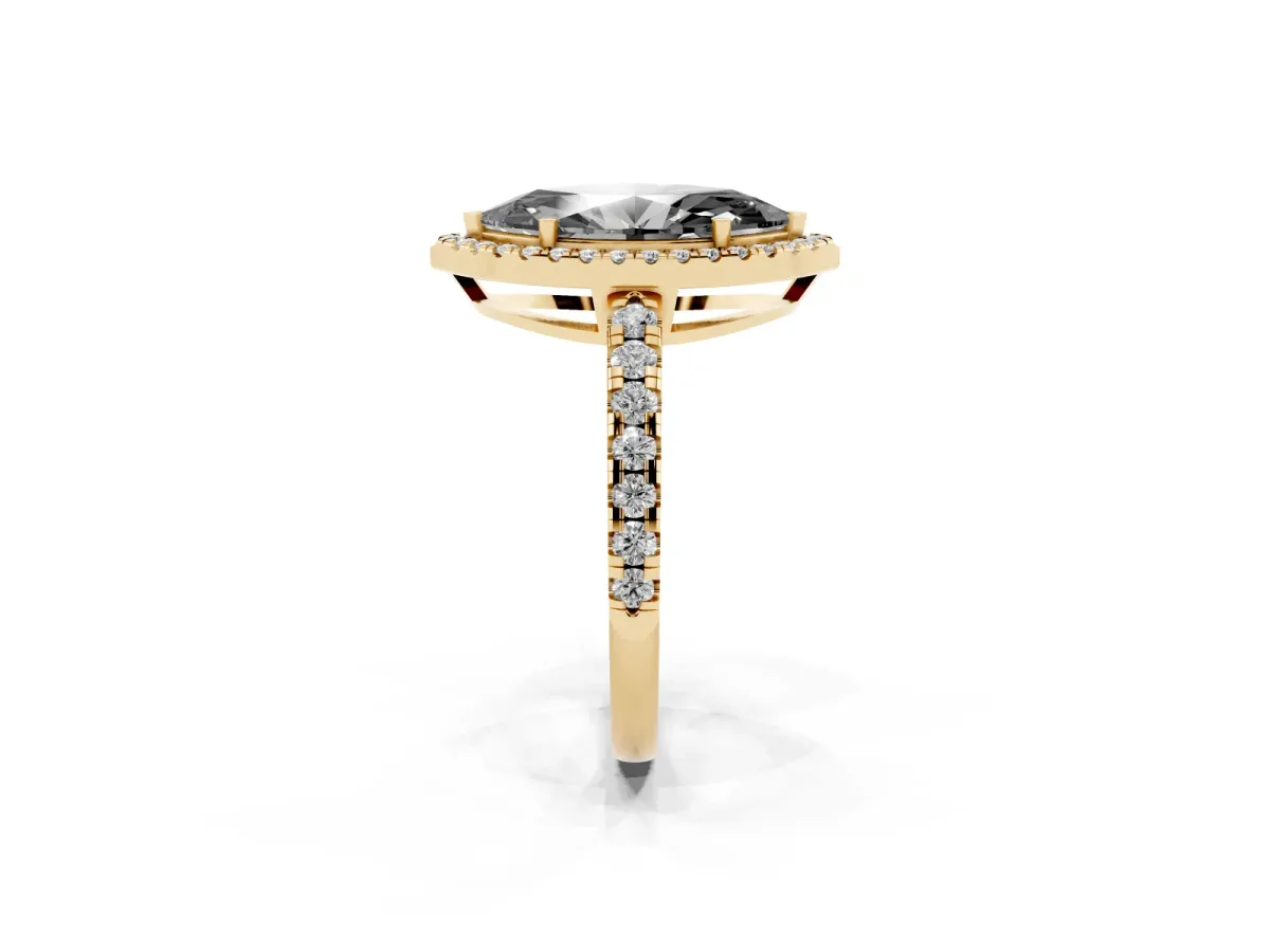 Fancy Black Marquise Cut Diamond Halo Ring with Pavé Band and Four-Prong Setting Yellow gold