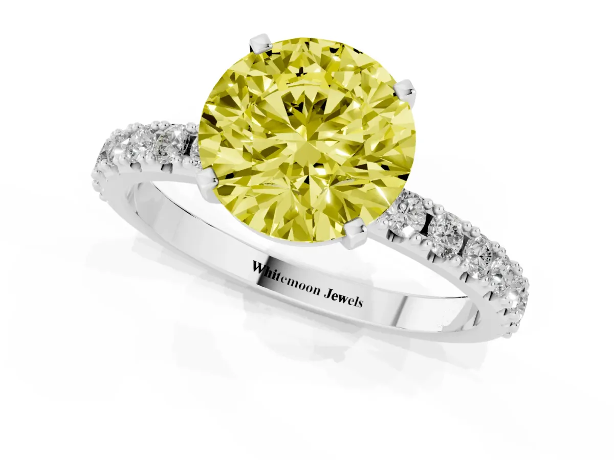 Fancy Yellow Round Cut Diamond Solitaire Pavé Band with Four-Prong Setting Silver
