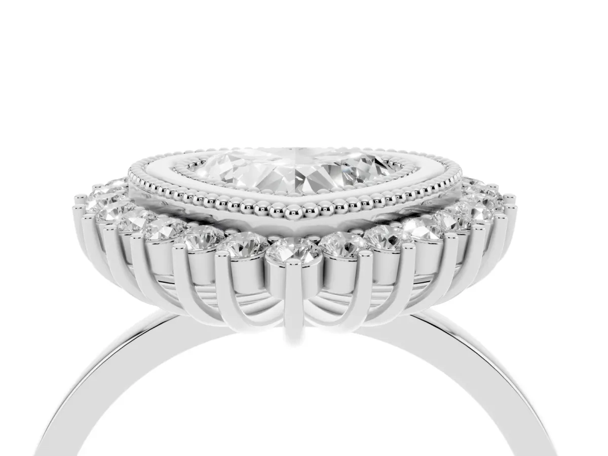 Heart Cut Halo Diamond Ring with Milgrain Edge and Round Prong Setting Silver