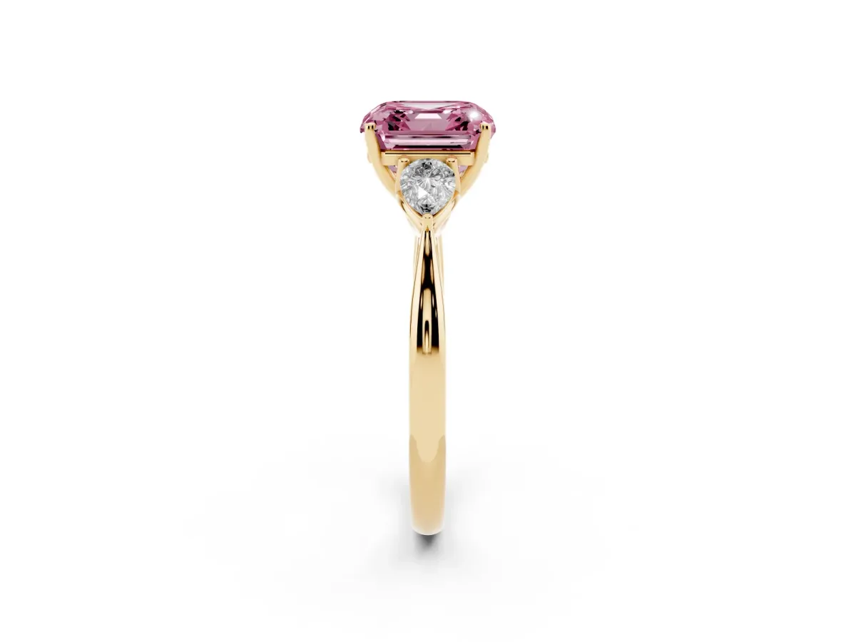 Fancy Pink Asscher Cut Diamond Three-Stone Ring with Pear Side Stones and Prong Setting Yellow gold