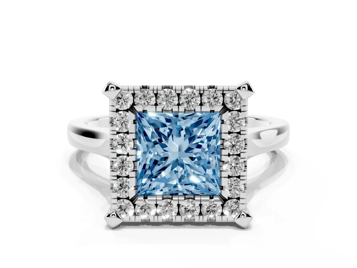 Fancy Blue Princess Cut Diamond Cluster Halo Solitaire with Four-Prong Setting Silver