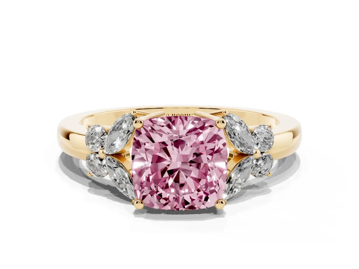 Fancy Pink Cushion Cut Cut Solitaire Floral Diamond Ring with Four-Prong Setting Yellow gold