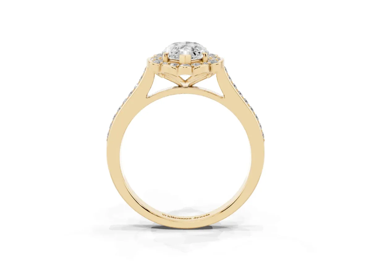 Marquise Cut Halo Round Diamond Pave Band with Four-Prong Setting Yellow gold