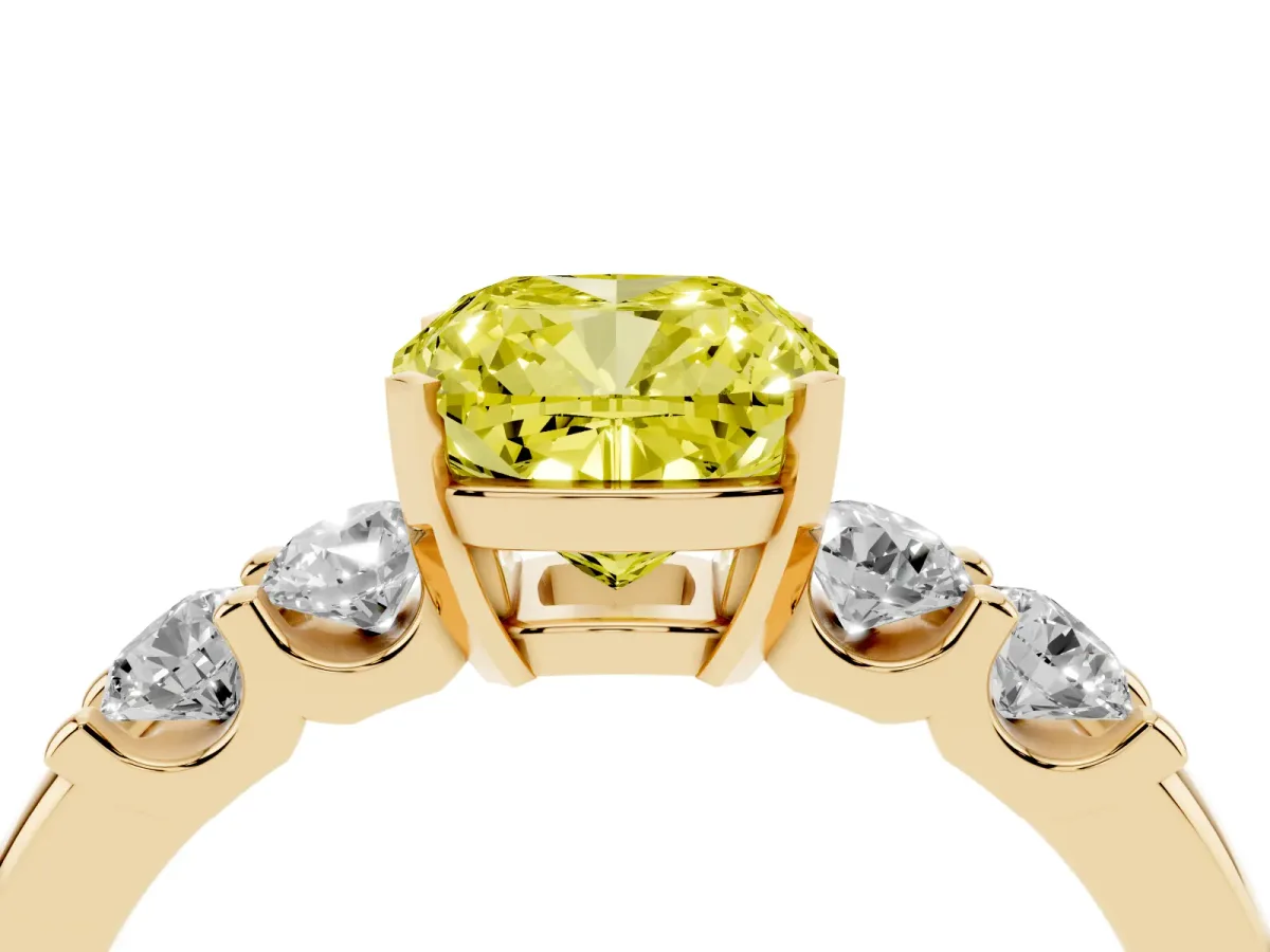 Fancy Yellow Cushion Cut Brilliant Cut Diamond Five-Stone Prong Set Engagement Ring with Channel Band Yellow gold