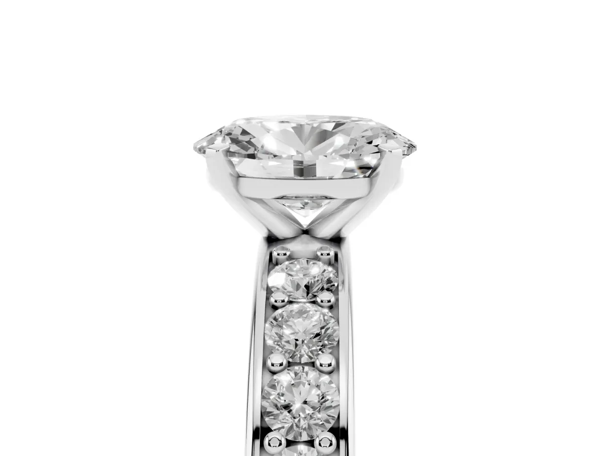Oval Cut Diamond Engagement Ring with Channel Set Round Band and Prong Setting Platinum