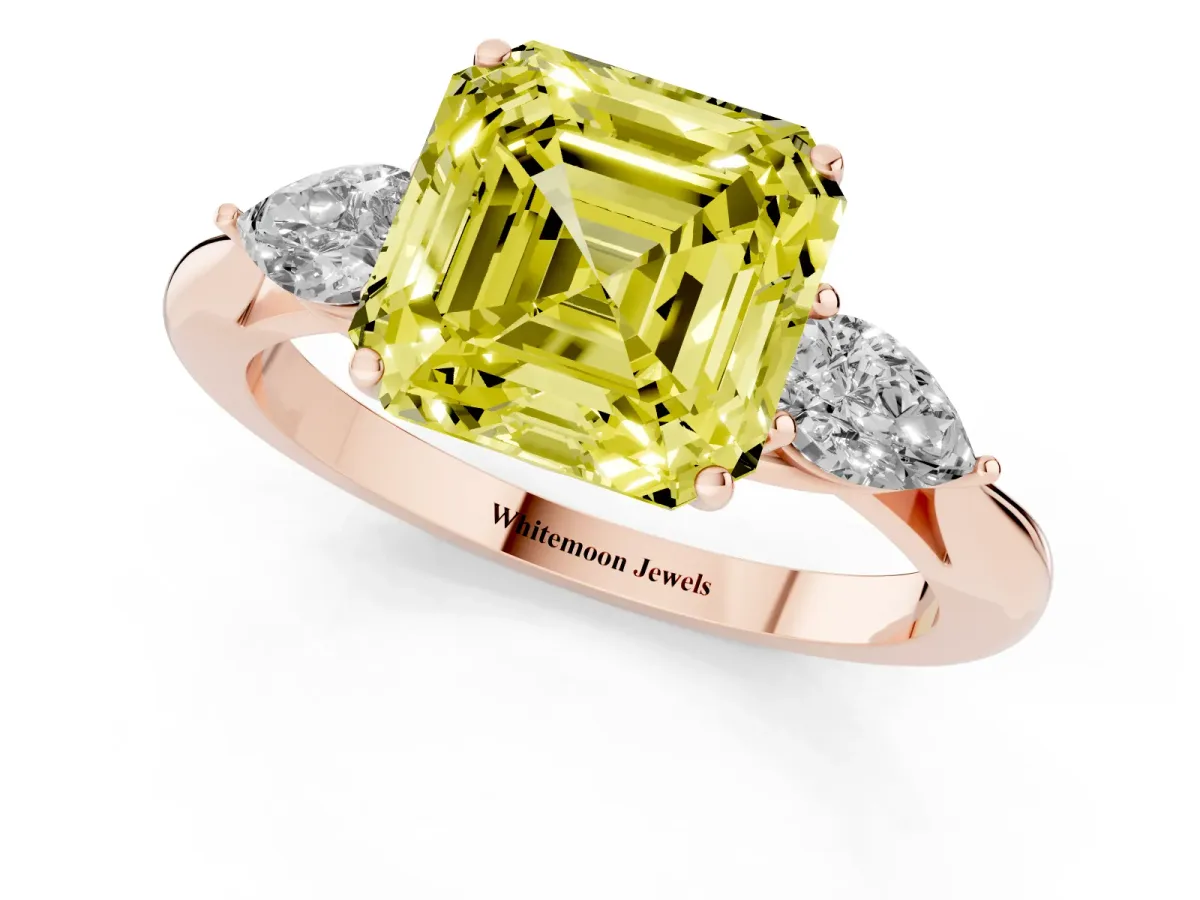 Fancy Yellow Asscher Cut Diamond Three-Stone Ring with Pear Side Stones and Prong Setting Rose gold