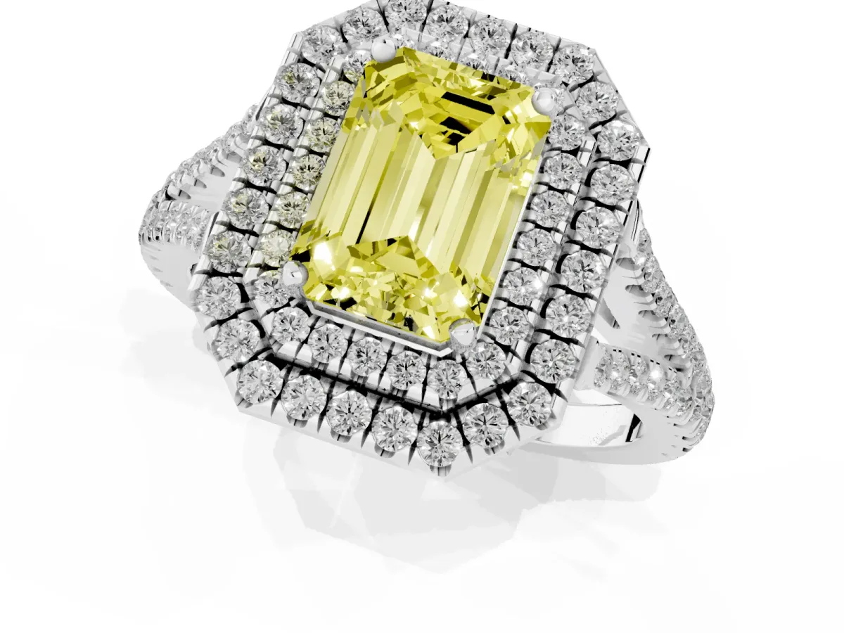 Fancy Yellow Emerald Cut Diamond Double Halo Ring with Pavé Band and Prong Setting Platinum