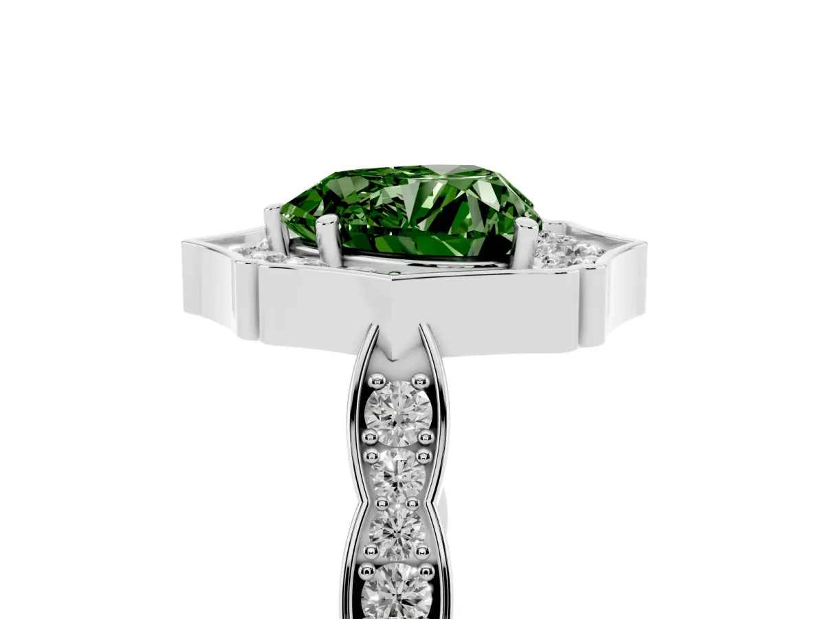 Fancy Green Heart Cut Halo Diamond Engagement Ring with Milgrain Band and Four-Prong Setting Silver