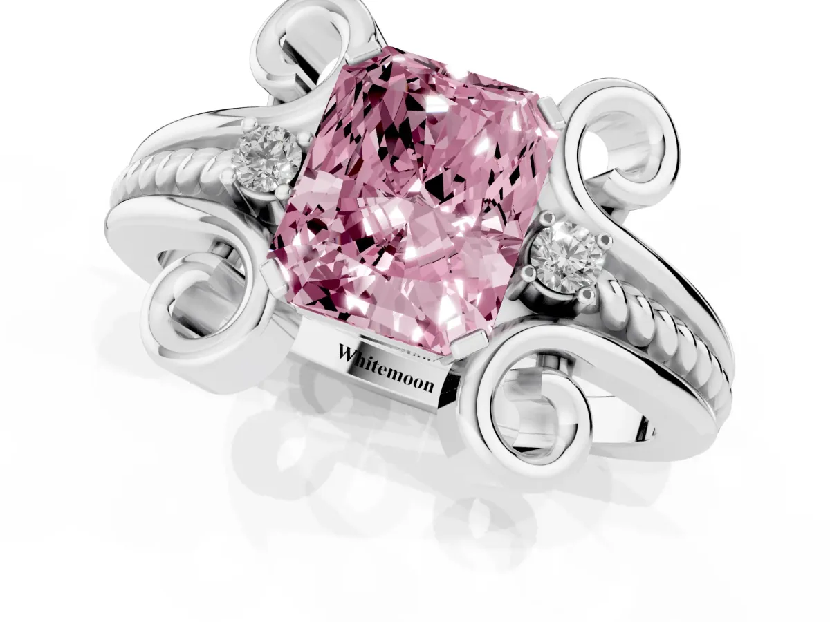 Fancy Pink Radiant Cut Solitaire Twisted Band Scroll Prong Ring Silver