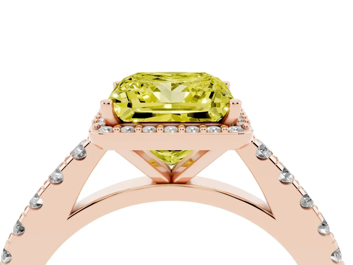 Fancy Yellow Princess Cut Cut Halo Diamond Engagement Ring with Pave Band and Four-Prong Setting Rose gold