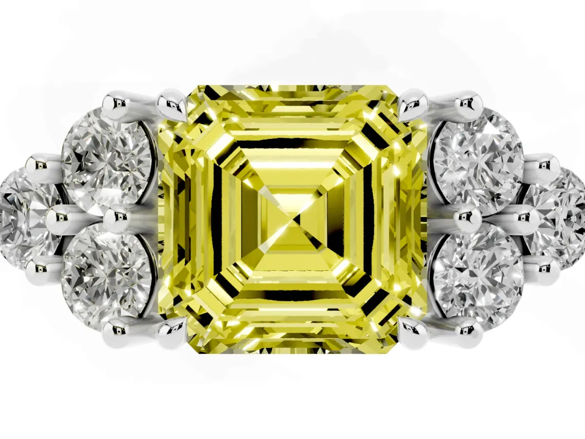 Fancy Yellow Asscher Cut Brilliant Diamond Cluster Accent Solitaire Ring with Prong Setting Silver