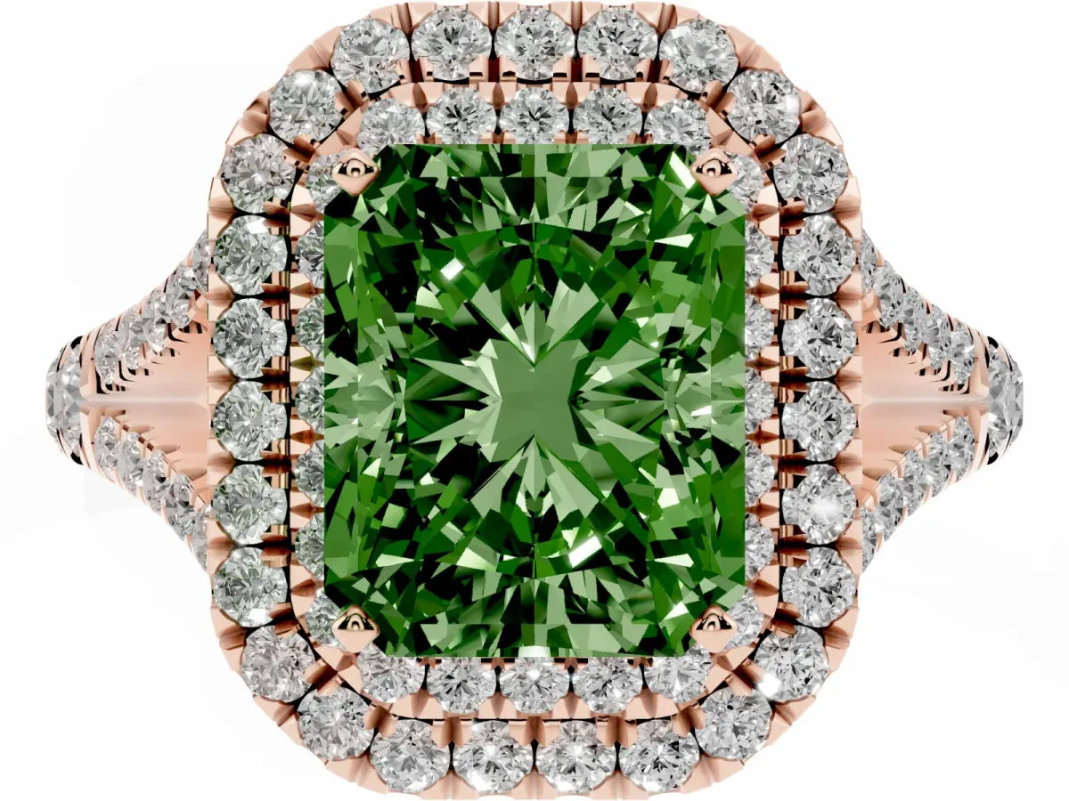 Fancy Green Radiant Cut Cut Double Halo Split Shank Diamond Ring with Prong Setting Rose gold