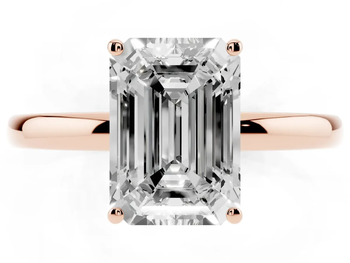 Emerald Cut Solitaire Diamond Ring with Prong Setting and Plain Band Rose gold