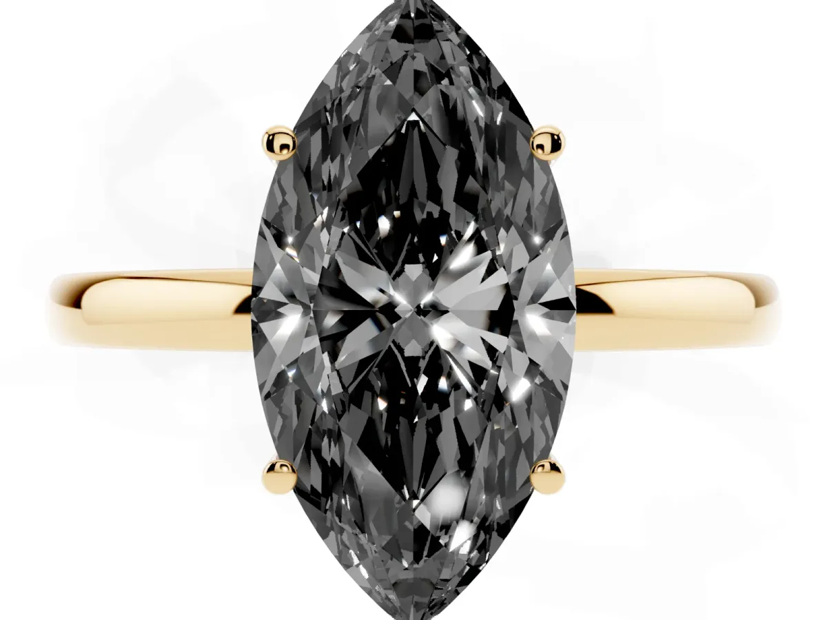 Fancy Black Marquise Cut Solitaire Diamond Ring with Prong Setting and Plain Band Yellow gold