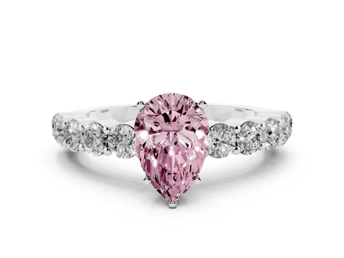 Fancy Pink Pear Cut Diamond Solitaire Ring with Shared Prong Round Side Stones White gold