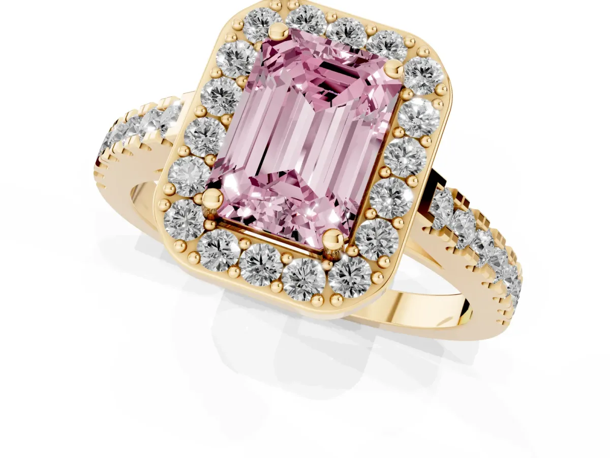 Fancy Pink Emerald Cut Diamond Halo Ring with Round Pavé Split Shank and Prong Setting Yellow gold